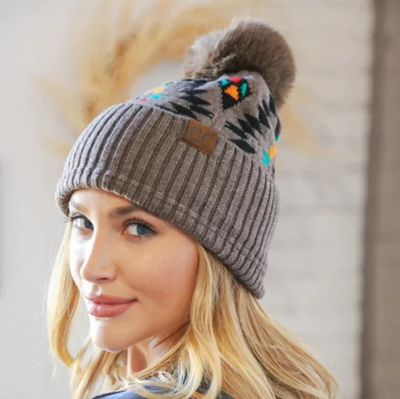 CC Taupe Tribal Knit Beanie With Pom Pom - Picture 2 of 3